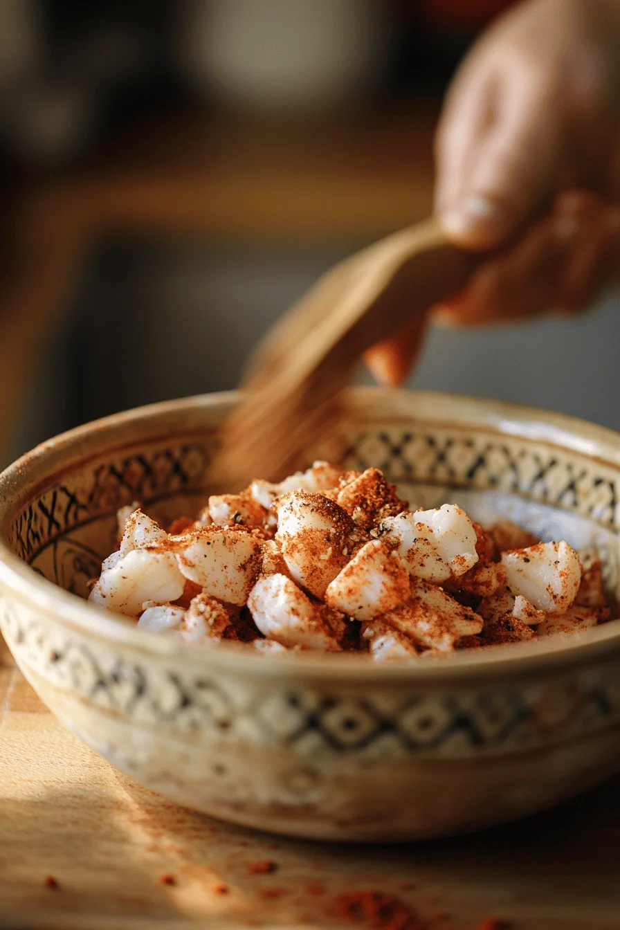 Lobster meat being seasoned with taco spices.