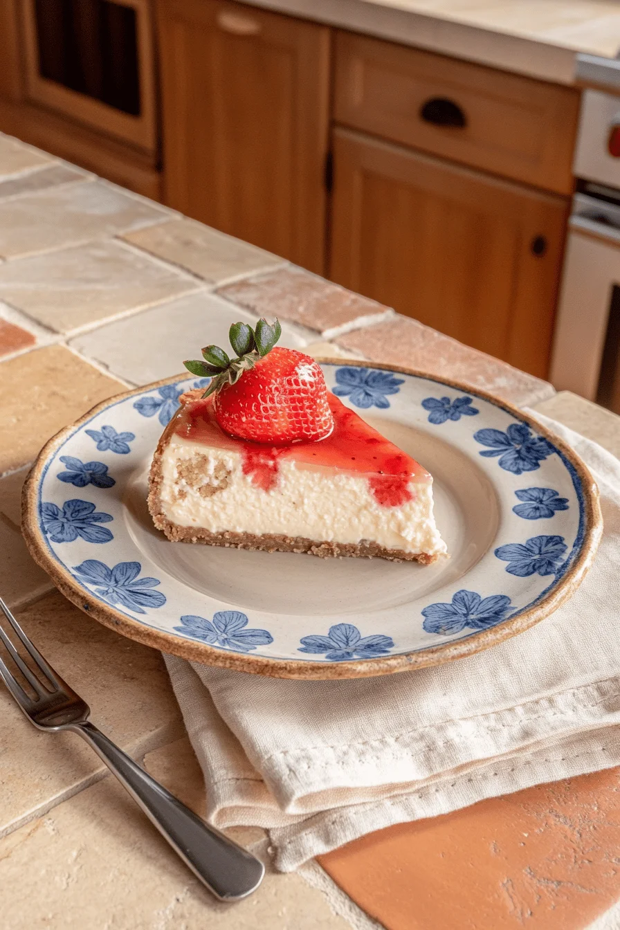 Slice of strawberry crunch cheesecake on a plate.
