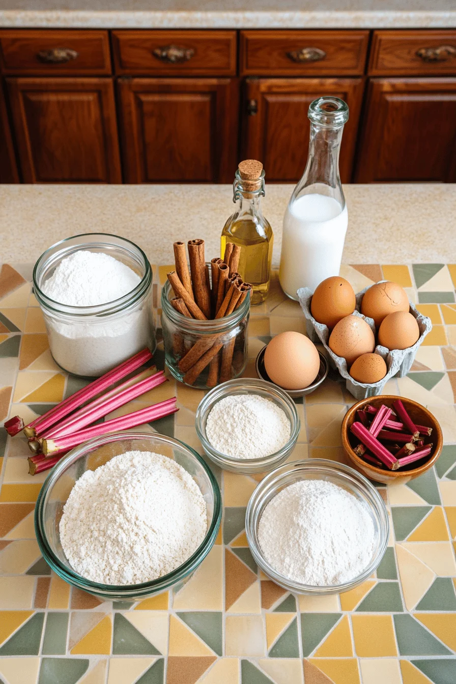 Aerial view of Cinnamon Rhubarb Bread ingredients