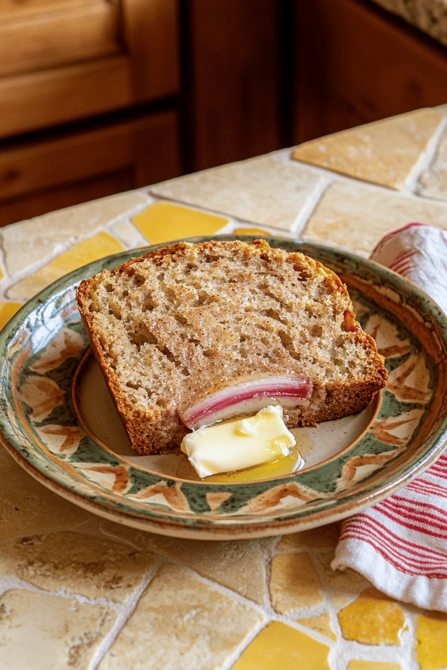 Close-up of Cinnamon Rhubarb Bread slice on plate