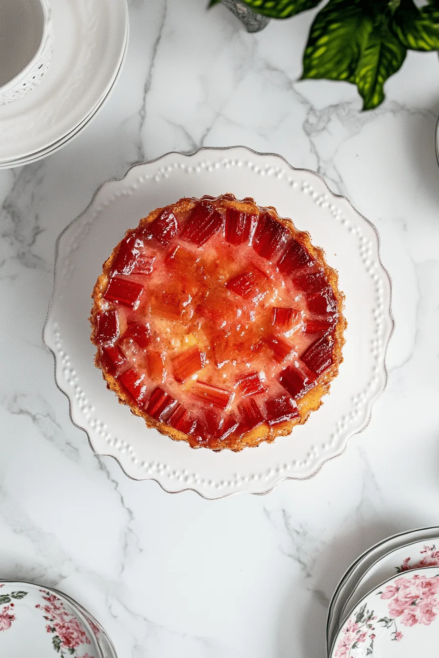 A whole rhubarb upside-down cake, beautifully inverted to reveal its glossy, ruby-red rhubarb topping, presented on a vintage ceramic cake stand.