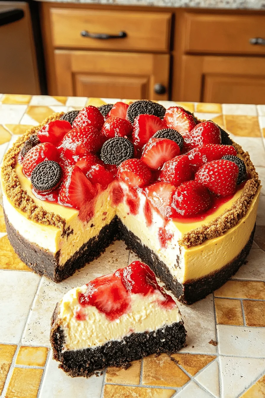 Aerial view of a perfectly sliced strawberry crunch cheesecake.